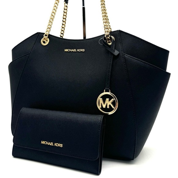 Michael Kors JST Large Chain Shoulder Tote Bag & Trifold Wallet Black/Gold - Picture 1 of 12